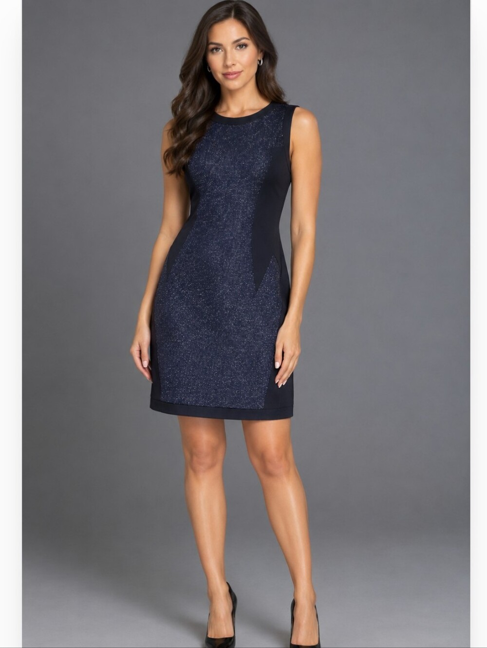 MNG Casual Navy Blue Black and Gold Lurex Casual Dress. Large.